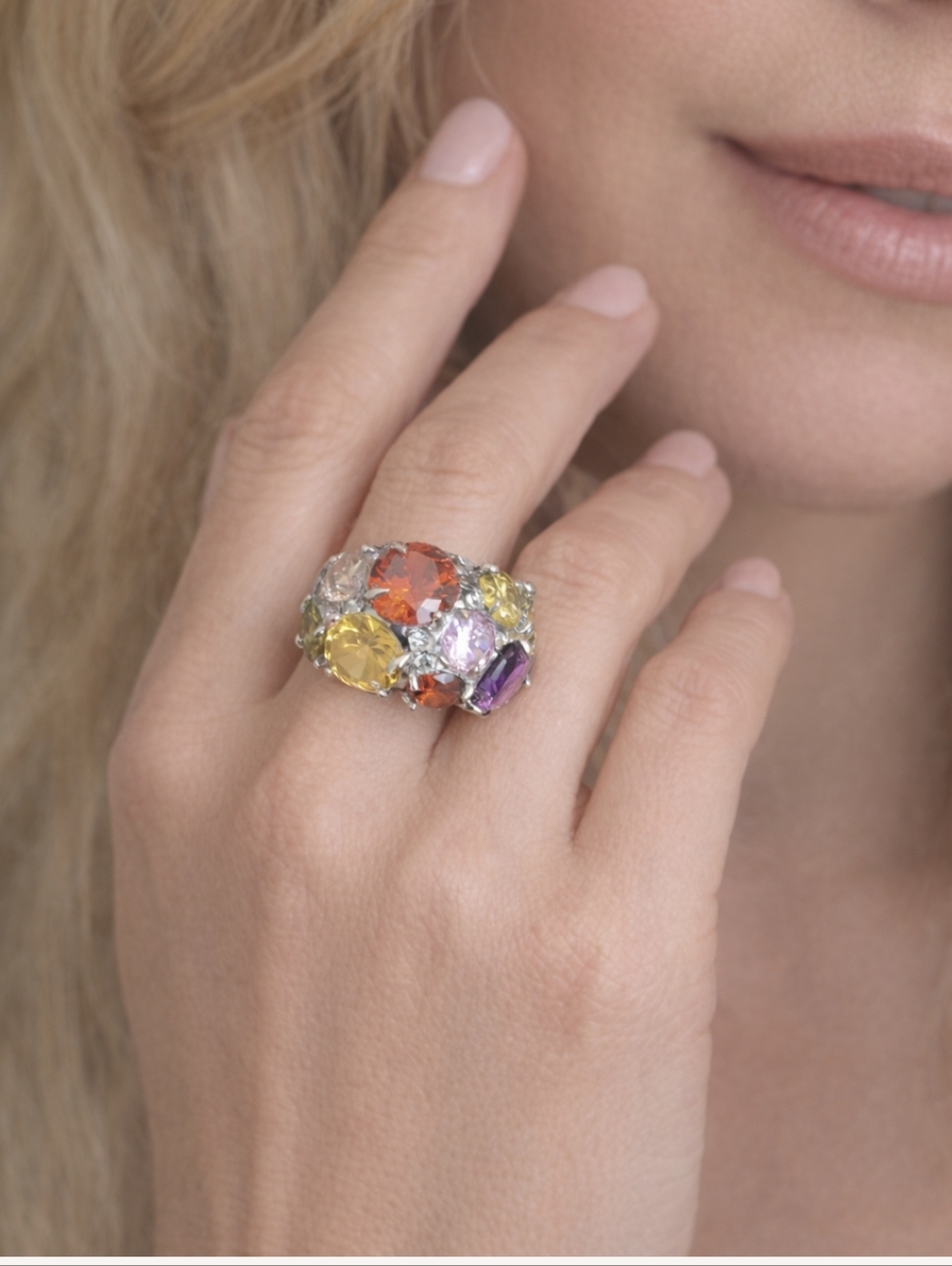Multicolor Gemstone Cluster Silver Band Cocktail Ring – Statement Piece